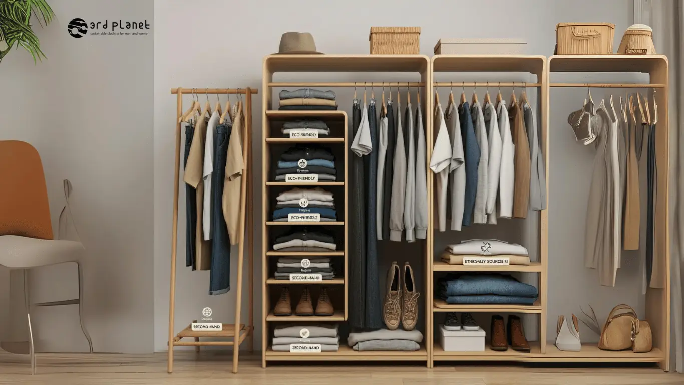 Sustainable wardrobe with eco-friendly clothing items neatly organized.